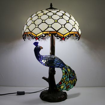 LongHuiJing Tiffany Style Table Lamp With Peacock Base 16Inch Antique White Beads Stained Glass Lampshade Table Lighting
