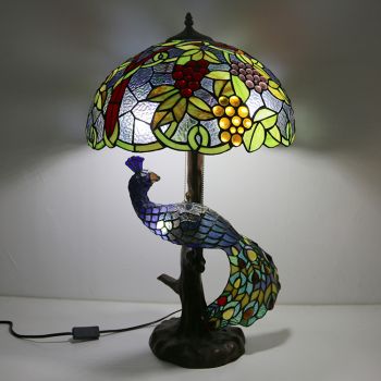 LongHuiJing Tiffany Style Table Lamp With Peacock Base 16Inch Antique Grape Stained Glass Lampshade Table Lighting