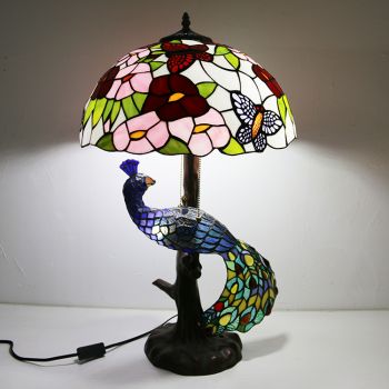 LongHuiJing 16Inch Flower Stained Glass Lampshade Desk Lamp Tiffany Style Table Lamps With Glass Peacock and Tree Base