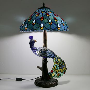 LongHuiJing Tiffany Style Table Lamp With Peacock Base 16Inch Antique Blue Stained Glass Lampshade Table Lighting