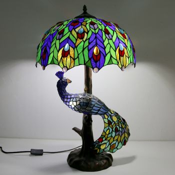 LongHuiJing Tiffany Style Table Lamp With Peacock Base 16Inch Antique Colorful Stained Glass Lampshade Table Lighting