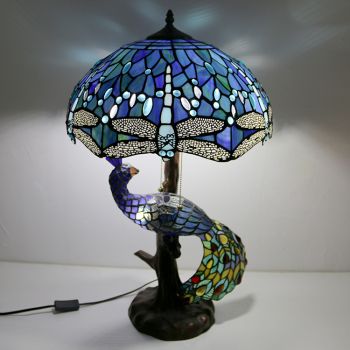 LongHuiJing Unqiue Stained Glass Lampshade Desk Lamp Tiffany Style Table Lamps With Glass Peacock and Tree Base