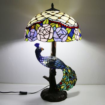LongHuiJing Tiffany Style Table Lamp With Peacock Base 16Inch Antique Florist Stained Glass Lampshade Table Lighting
