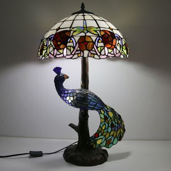 LongHuiJing Tiffany Style Table Lamp With Peacock Base 16Inch Antique Red Rose Stained Glass Lampshade Table Lighting