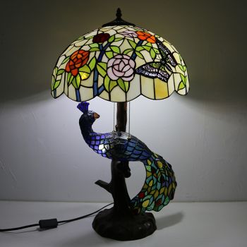 LongHuiJing 16Inch Florist Stained Glass Lampshade Desk Lamp Tiffany Style Table Lamps With Glass Peacock and Tree Base