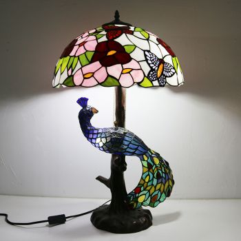 LongHuiJing 16Inch Flower Stained Glass Lampshade Desk Lamp Tiffany Style Table Lamps With Glass Peacock and Tree Base
