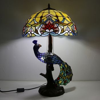 LongHuiJing 16Inch Antique Stained Glass Lampshade Desk Lamp Tiffany Style Table Lamps With Glass Peacock and Tree Base