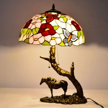 LongHuiJing Butterfly Stained Glass Table Lamp Tiffany Style Desk Light With 16Inch Lampshade With Horse Resin Base