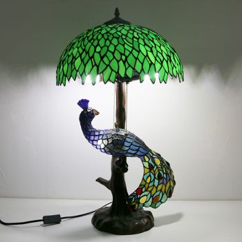 LongHuiJing Green leaf Stained Glass Lampshade Desk Lamp Tiffany Style Table Lamps With Glass Peacock and Tree Base