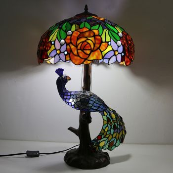 LongHuiJing Tiffany Style Table Lamp With Peacock Base 16Inch Antique Rose Stained Glass Lampshade Table Lighting