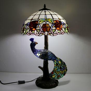 LongHuiJing Tiffany Style Table Lamp With Peacock Base 16Inch Antique Red Rose Stained Glass Lampshade Table Lighting