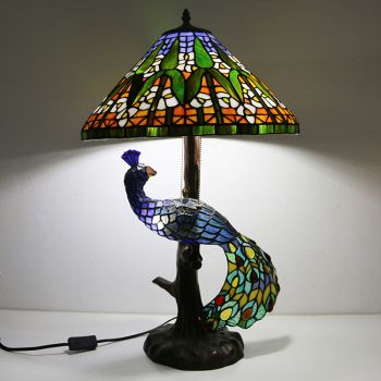 LongHuiJing 16Inch Cone Stained Glass Lampshade Desk Lamp Tiffany Style Table Lamps With Glass Peacock and Tree Base