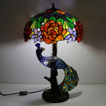 LongHuiJing Tiffany Style Table Lamp With Peacock Base 16Inch Antique Rose Stained Glass Lampshade Table Lighting