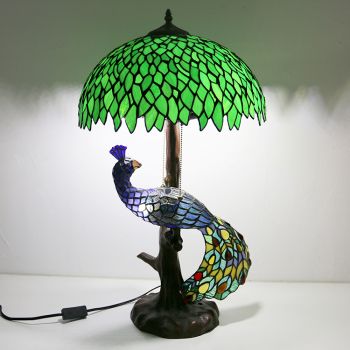 LongHuiJing Green leaf Stained Glass Lampshade Desk Lamp Tiffany Style Table Lamps With Glass Peacock and Tree Base