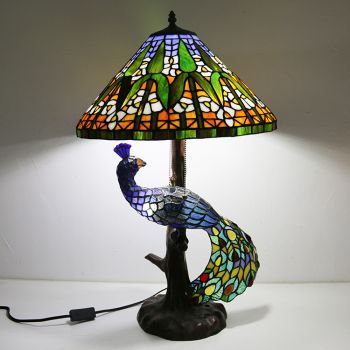LongHuiJing 16Inch Cone Stained Glass Lampshade Desk Lamp Tiffany Style Table Lamps With Glass Peacock and Tree Base