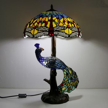 LongHuiJingStained Glass Lampshade Desk Lamp Tiffany Style Table Lamps With Glass Peacock and Tree Base