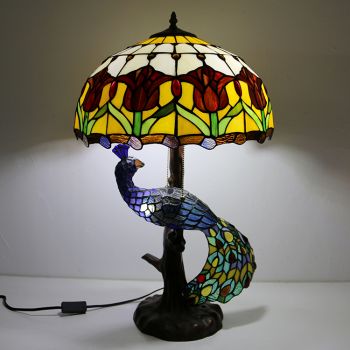 LongHuiJing 16Inch Tulip Stained Glass Lampshade Desk Lamp Tiffany Style Table Lamps With Glass Peacock and Tree Base