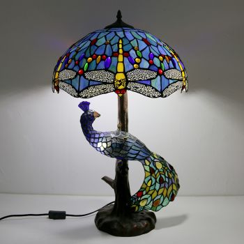 LongHuiJing 16Inch Blue Stained Glass Lampshade Desk Lamp Tiffany Style Table Lamps With Glass Peacock and Tree Base