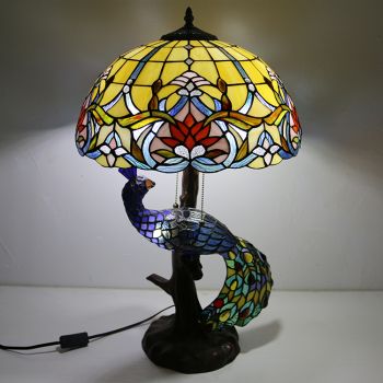 LongHuiJing 16Inch Antique Stained Glass Lampshade Desk Lamp Tiffany Style Table Lamps With Glass Peacock and Tree Base