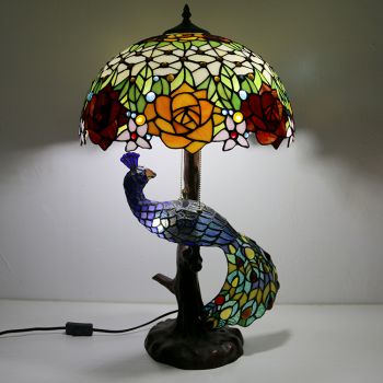 LongHuiJing Tiffany Style Table Lamp With Peacock Base 16Inch Antique Rose Flower Stained Glass Lampshade Table Lighting