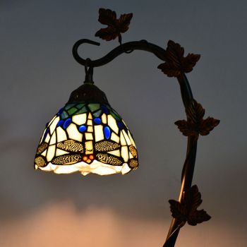 LongHuiJing Home Decor Tiffany Table Lamp Dragonfly Stained Glass Lampshade Desk Light Morning Glory Vine Metal Base