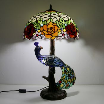 LongHuiJing Tiffany Style Table Lamp With Peacock Base 16Inch Antique Rose Flower Stained Glass Lampshade Table Lighting