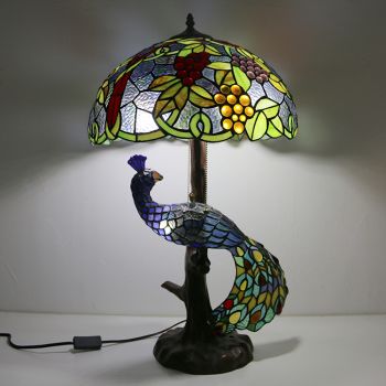 LongHuiJing Tiffany Style Table Lamp With Peacock Base 16Inch Antique Grape Stained Glass Lampshade Table Lighting