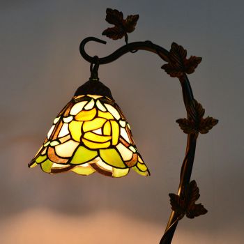 LongHuiJing Home Decor Tiffany Table Lamp Yellow Floral Stained Glass Lampshade Desk Light Morning Glory Vine Metal Base