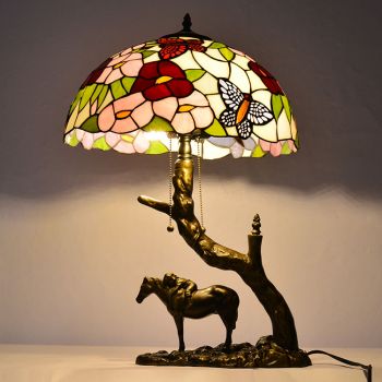 LongHuiJing Butterfly Stained Glass Table Lamp Tiffany Style Desk Light With 16Inch Lampshade With Horse Resin Base