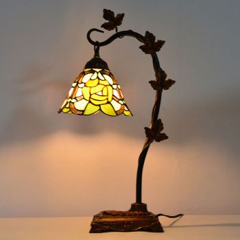 LongHuiJing Home Decor Tiffany Table Lamp Yellow Floral Stained Glass Lampshade Desk Light Morning Glory Vine Metal Base