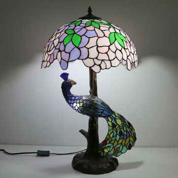 LongHuiJing 16Inch Wisteria Stained Glass Lampshade Desk Lamp Tiffany Style Table Lamps With Glass Peacock and Tree Base