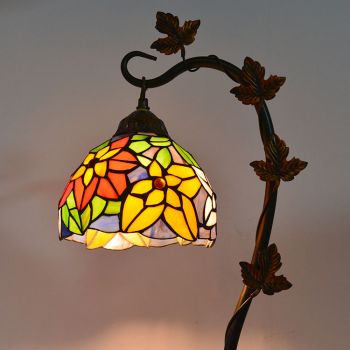 LongHuiJing 8Inch Tiffany Style Stained Glass Table Lamps Handmade Desk Lights With Morning Glory Vine Metal Base