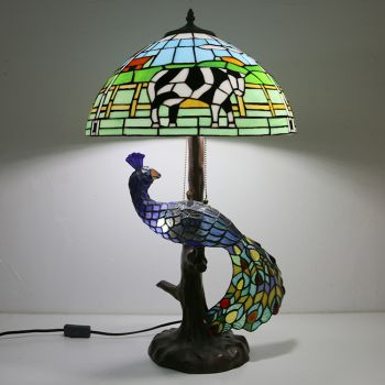 LongHuiJing Tiffany Style Table Lamp With Peacock Base 16Inch Antique Dairy Cow Stained Glass Lampshade Table Lighting
