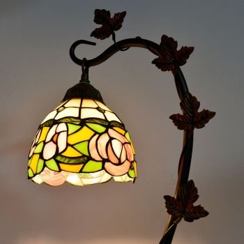 LongHuiJing Home Decor Tiffany Table Lamp Pink Rose Stained Glass Lampshade Desk Light Morning Glory Vine Metal Base