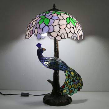 LongHuiJing 16Inch Wisteria Stained Glass Lampshade Desk Lamp Tiffany Style Table Lamps With Glass Peacock and Tree Base