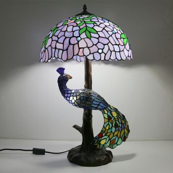 LongHuiJing Tiffany Style Table Lamp With Peacock Base 16Inch Antique Wisteria Stained Glass Lampshade Table Lighting