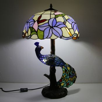 LongHuiJing 16Inch Floral Stained Glass Lampshade Desk Lamp Tiffany Style Table Lamps With Glass Peacock and Tree Base