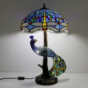 LongHuiJing 16Inch Blue Stained Glass Lampshade Desk Lamp Tiffany Style Table Lamps With Glass Peacock and Tree Base