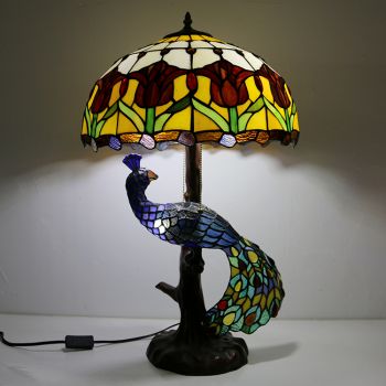 LongHuiJing 16Inch Tulip Stained Glass Lampshade Desk Lamp Tiffany Style Table Lamps With Glass Peacock and Tree Base