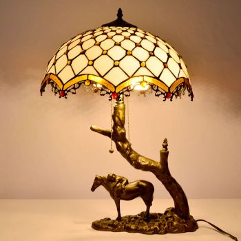 LongHuiJing White Beads Stained Glass Table Lamp Tiffany Style Desk Light With 16Inch Lampshade With Horse Resin Base