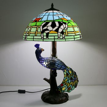 LongHuiJing Tiffany Style Table Lamp With Peacock Base 16Inch Antique Dairy Cow Stained Glass Lampshade Table Lighting
