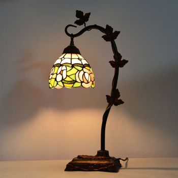 LongHuiJing Home Decor Tiffany Table Lamp Pink Rose Stained Glass Lampshade Desk Light Morning Glory Vine Metal Base