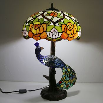 LongHuiJing 16Inch Rose Stained Glass Lampshade Desk Lamp Tiffany Style Table Lamps With Glass Peacock and Tree Base