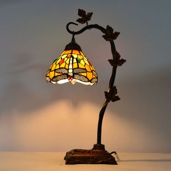 LongHuiJing 8Inch Dragonfly Stained Glass Table Lamps Creative decor Desk Lights With Morning Glory Vine Metal Base