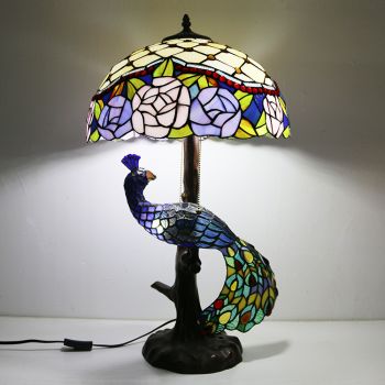 LongHuiJing Tiffany Style Table Lamp With Peacock Base 16Inch Antique Florist Stained Glass Lampshade Table Lighting