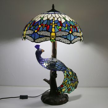 LongHuiJing Tiffany Style Table Lamp With Peacock Base 16Inch Antique Dragonfly Stained Glass Lampshade Table Lighting