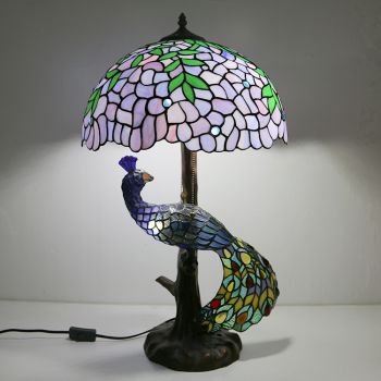 LongHuiJing Tiffany Style Table Lamp With Peacock Base 16Inch Antique Wisteria Stained Glass Lampshade Table Lighting