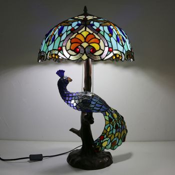 LongHuiJing 16Inch Unique Stained Glass Lampshade Desk Lamp Tiffany Style Table Lamps With Glass Peacock and Tree Base
