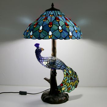 LongHuiJing Tiffany Style Table Lamp With Peacock Base 16Inch Antique Blue Stained Glass Lampshade Table Lighting