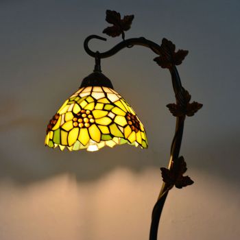  LongHuiJing Home Decor Tiffany Table Lamp Sunflower Stained Glass Lampshade Desk Light Morning Glory Vine Metal Base